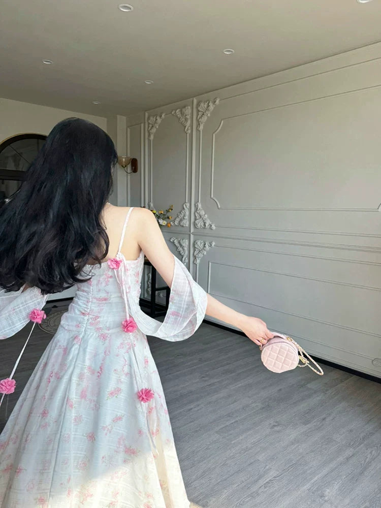 Floral Spaghetti Strap Backless Appliqué Maxi Dress 3