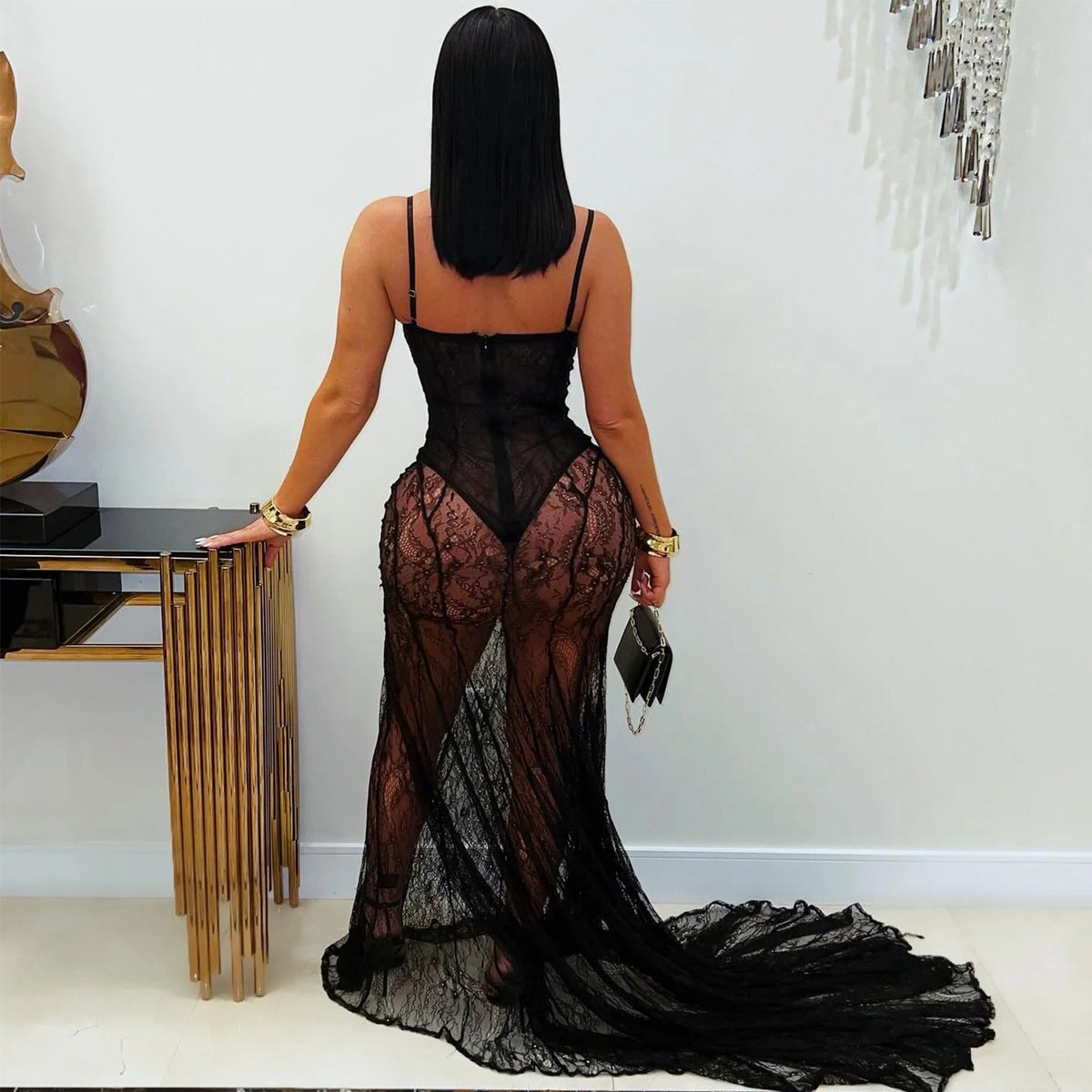 Sheer Lace Bustier Cup Spaghetti Strap Mermaid Maxi Gown with Train 3