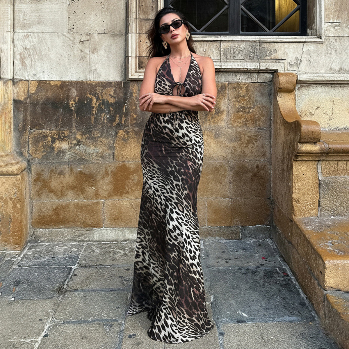 Leopard Print Tie Front Halter V-Neck Backless Maxi Dress