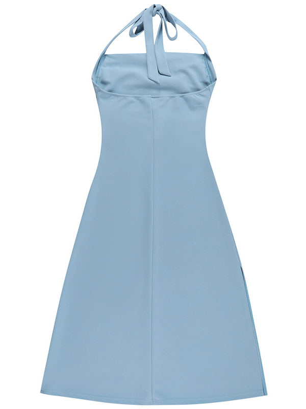 Black Halter Midi Dress With Semi Flare L / Blue Black Halter Party Dress