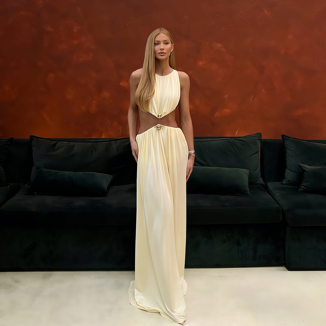 Fall Women Clothing Attractive Waist Hollow Out Cutout out Maxi Dress round Neck Sleeveless Solid Color Dress