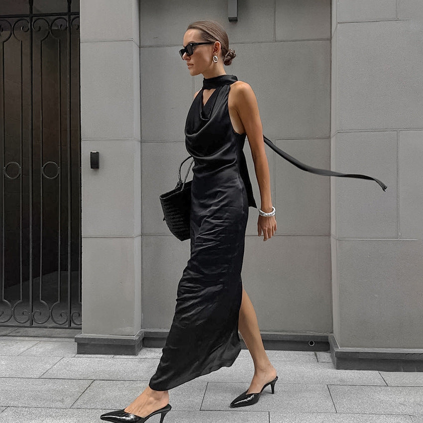 Black Thin Soft Matte Satin Swing Collar off Shoulder Dress - View 2