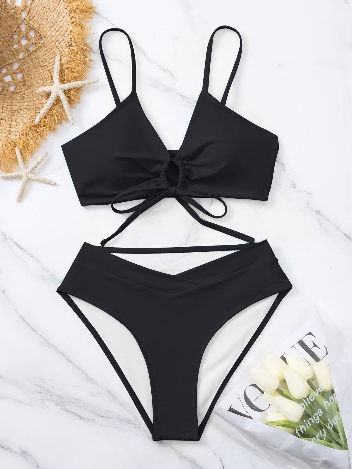 Tie Front Keyhole High Waist Bikini Set