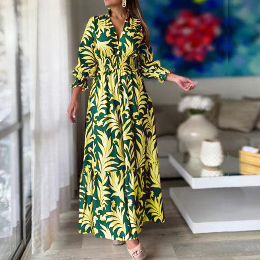 Leaf Print V-Neck Puff Sleeve Smocked Waist Tiered Maxi Dress 5