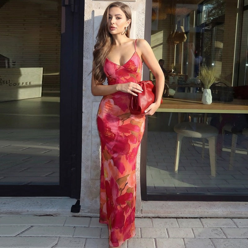 Floral Print Mesh V-Neck Cami Bodycon Maxi Dress