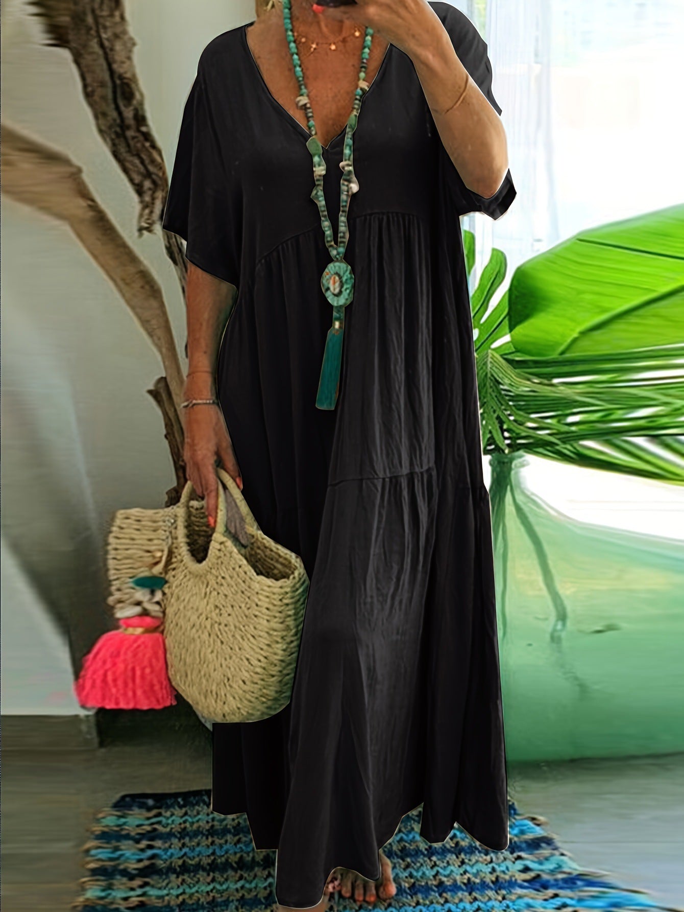 V-Neck Short Sleeve Tiered Linen Maxi Dress 10