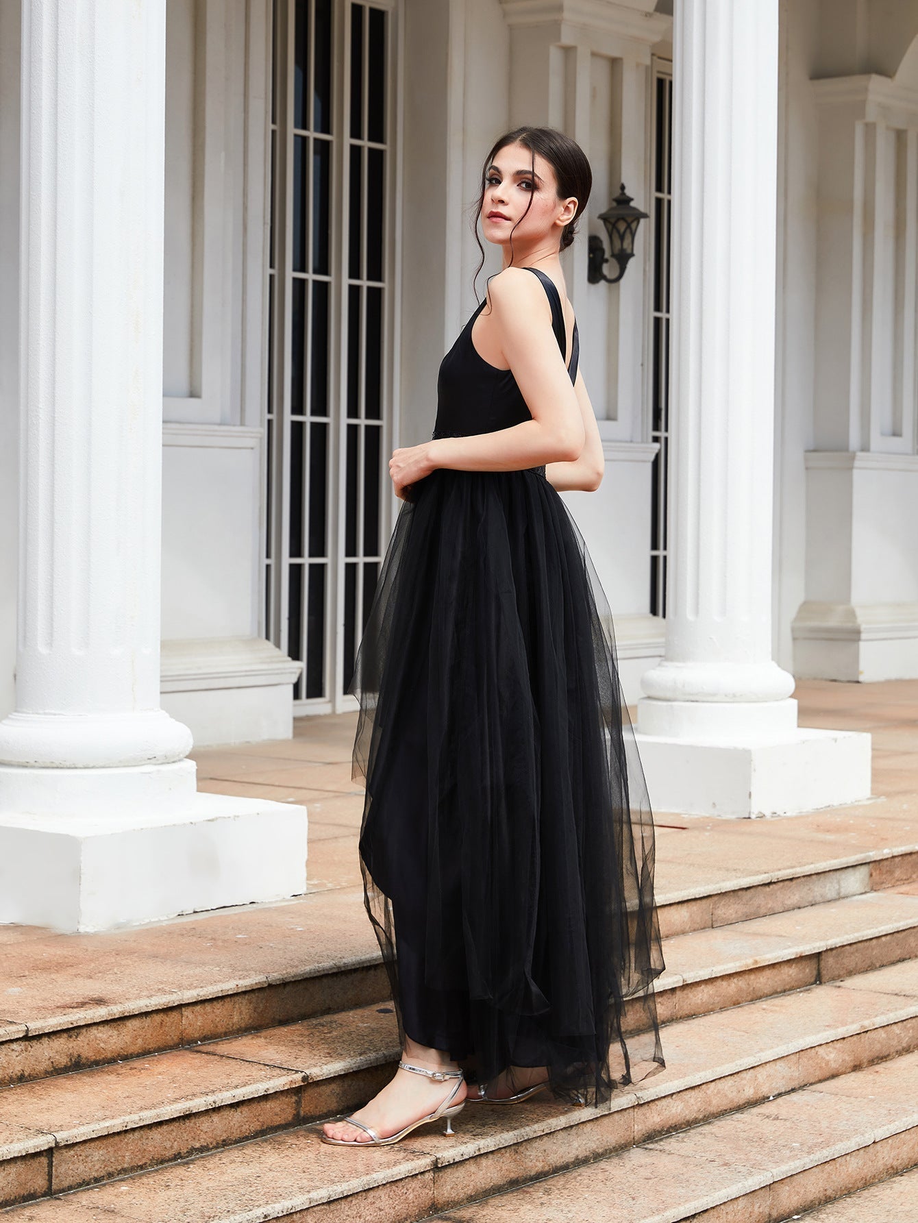 Sequin Waistband Layered Tulle High Low Maxi Gown