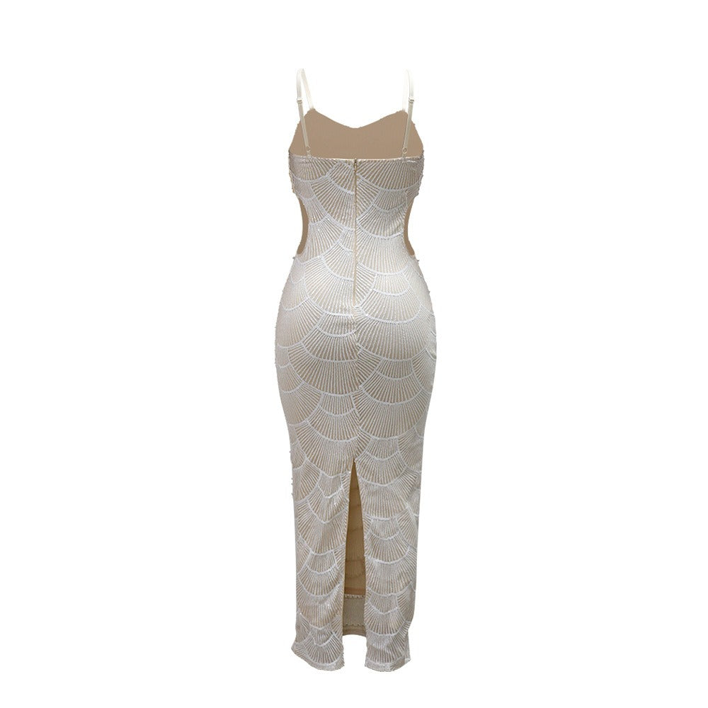 Sequin Faux Pearl Scallop Spaghetti Strap Cut Out Bodycon Midi Dress 9
