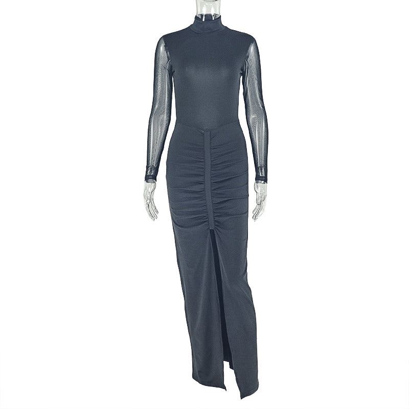 Sheer Mesh Mock Neck Long Sleeve Open Back Bodycon Maxi Dress 5