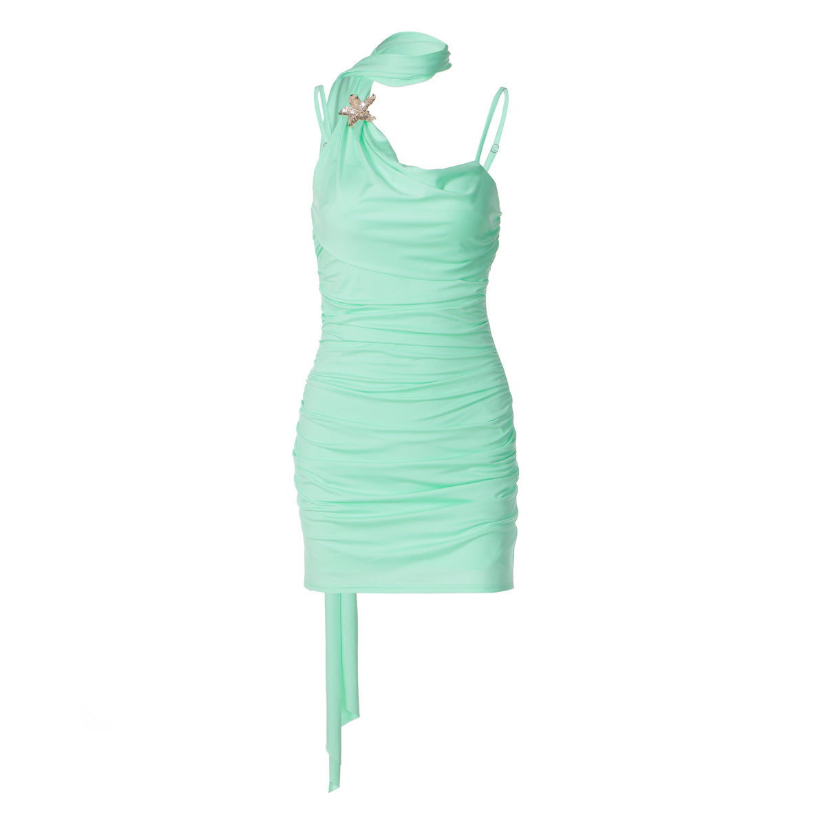Asymmetric Cowl Neck Scarf Choker Brooch Ruched Cami Bodycon Mini Dress 5
