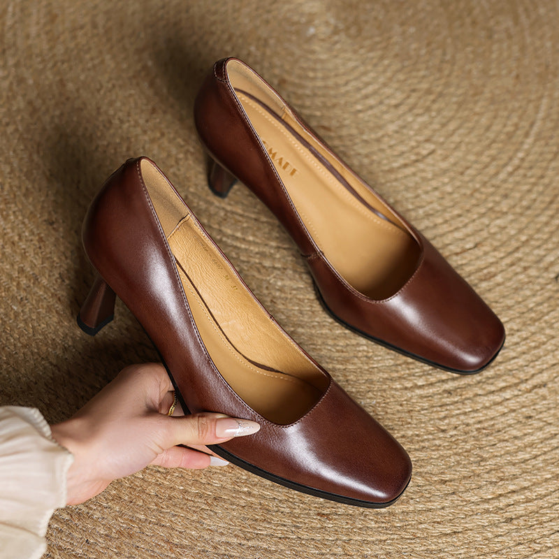 Square Toe Slip On Kitten Heel Leather Pumps
