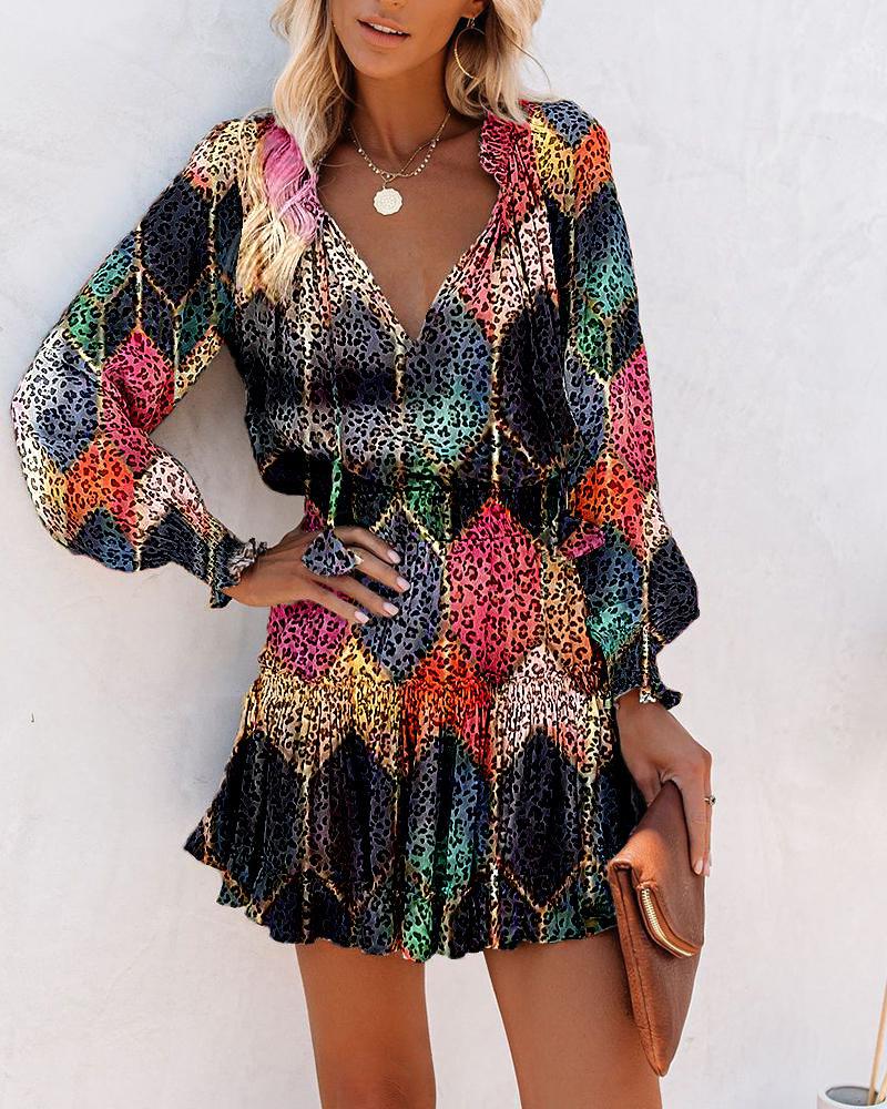 Floral V-Neck Long Sleeve Tiered Ruffle Mini Dress 10