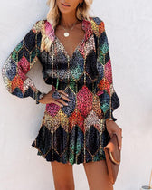 Floral V-Neck Long Sleeve Tiered Ruffle Mini Dress 10