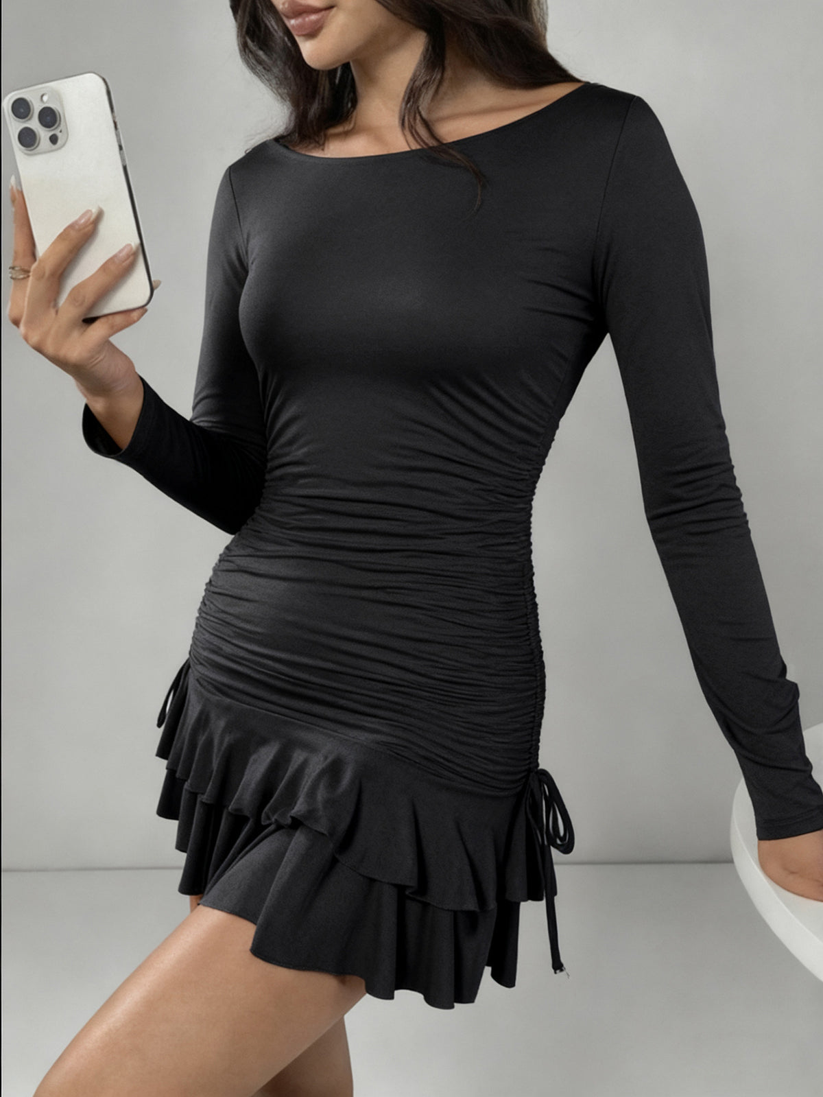 Crew Neck Long Sleeve Ruched Drawstring Tiered Ruffle Hem Mini Dress 4