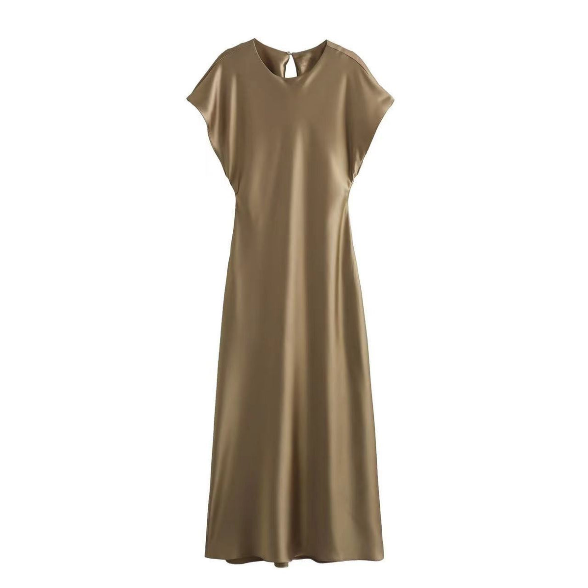 Satin Crew Neck Cap Sleeve Keyhole Back Midi Dress 2