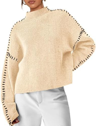 Mock Neck Whipstitch Trim Drop Shoulder Sweater