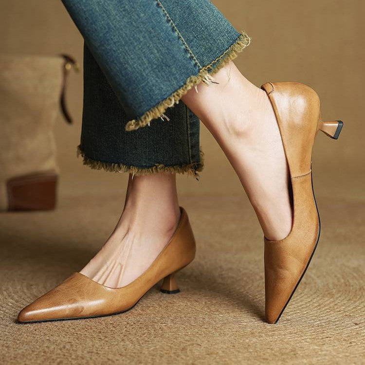 Pointed Toe Slip On Kitten Heel Pumps