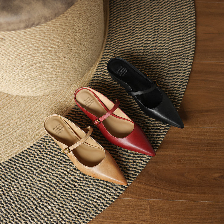 Pointed Toe Mary Jane Strap Backless Mules