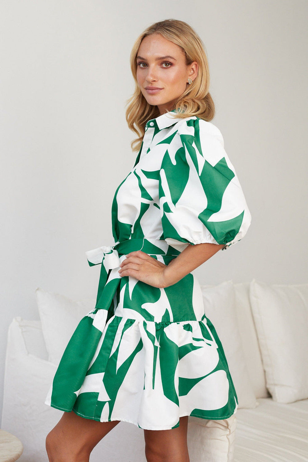 Abstract Leaf Print Collared Puff Sleeve Tie Waist Mini Shirt Dress 4