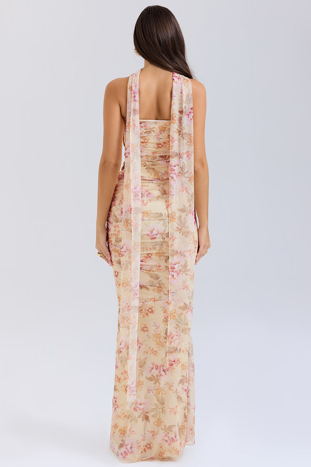 One Shoulder Draped Sash Ruched Fishtail Maxi Gown
