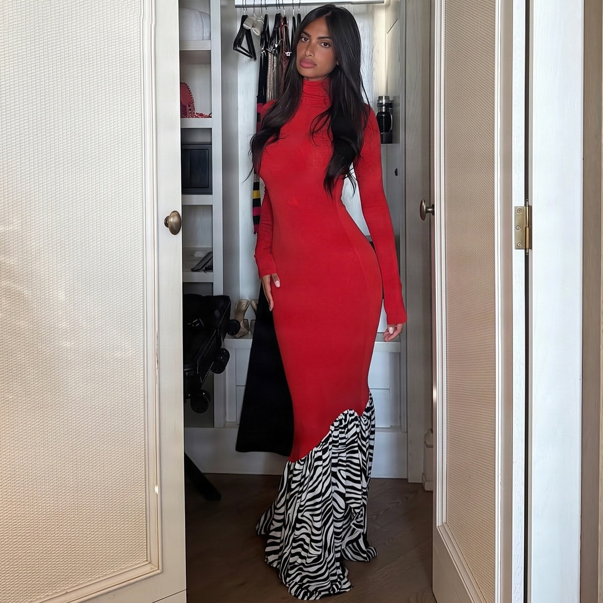 Women Clothing Zebra Pattern Color Contrast Patchwork Turtleneck Long Sleeve Sexy Waist Trimming Dress