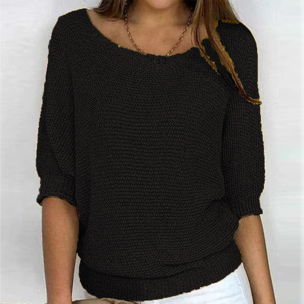 Boat Neck Short Sleeve Ribbed Hem Knit Sweater