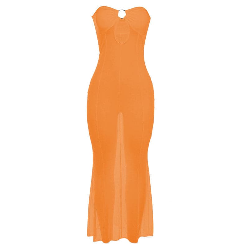 Mesh see through o ring hollow out backless tube maxi dress 10
