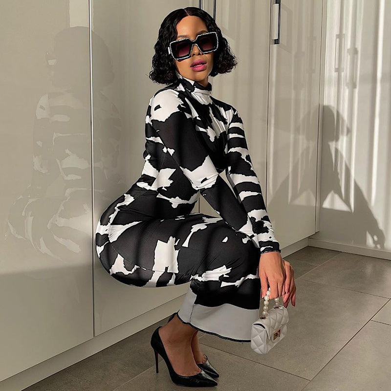 Cow Print Mock Neck Long Sleeve Bodycon Midi Dress 3