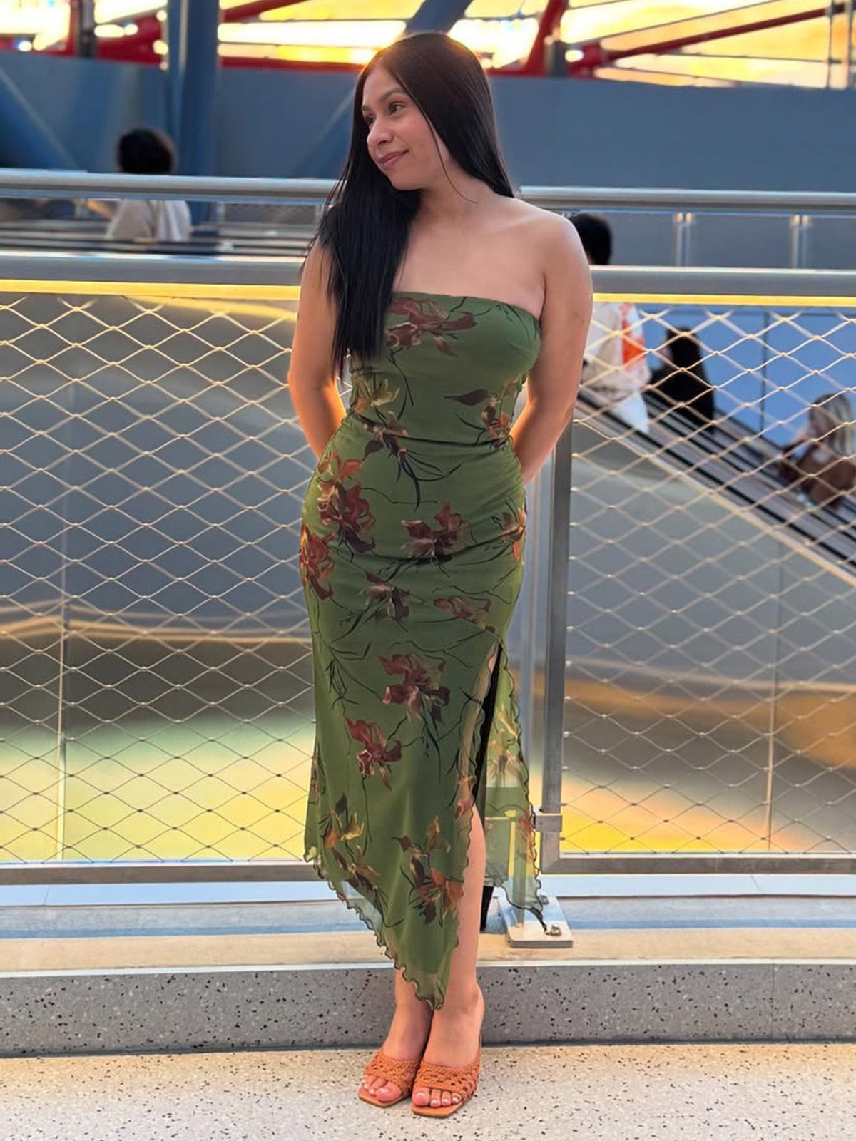 Floral Print Mesh Strapless Side Split Lettuce Hem Midi Dress 2