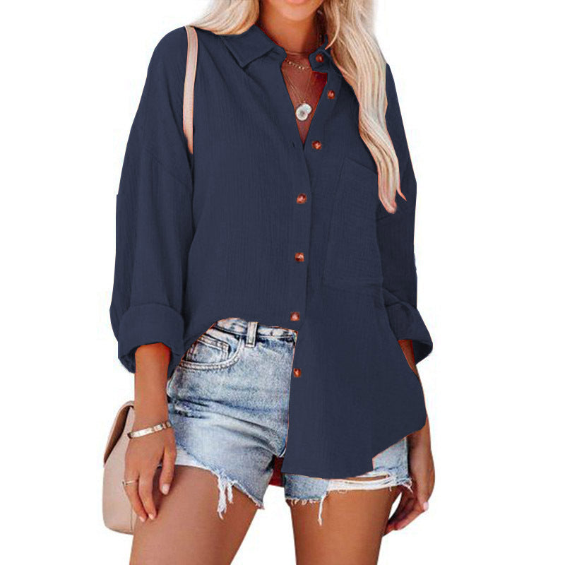 Collared Long Sleeve Button Down Textured Pocket Shirt