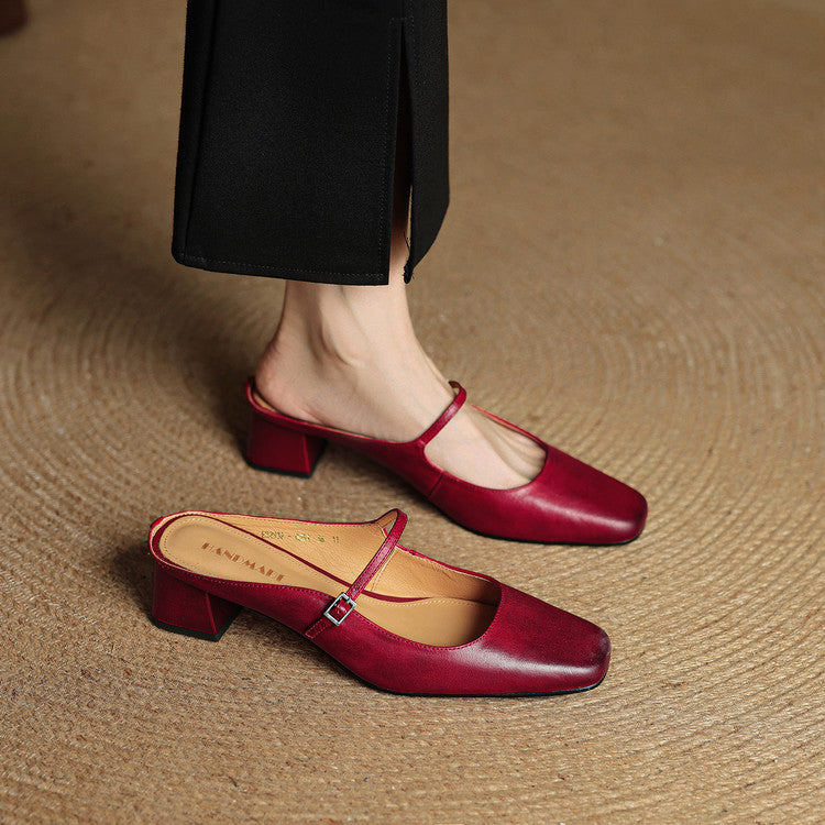 Square Toe Block Heel Backless Mary Jane Mules