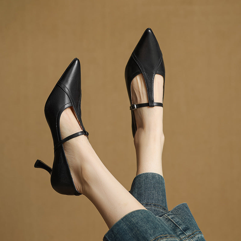 Pointed Toe T-Strap Buckle Stiletto Pumps