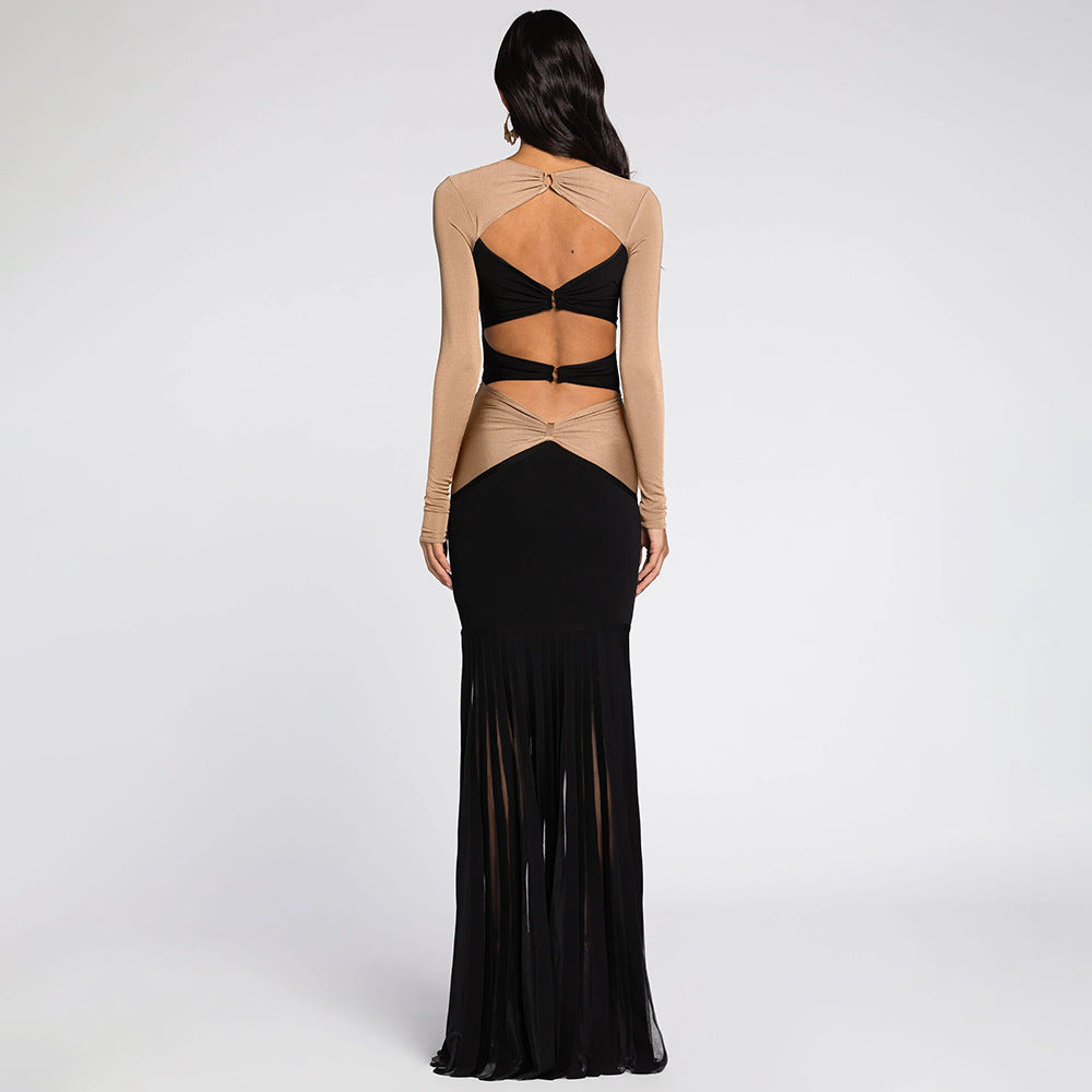Long Sleeve Cut Out Contrast Panel Pleated Mermaid Maxi Dress 2