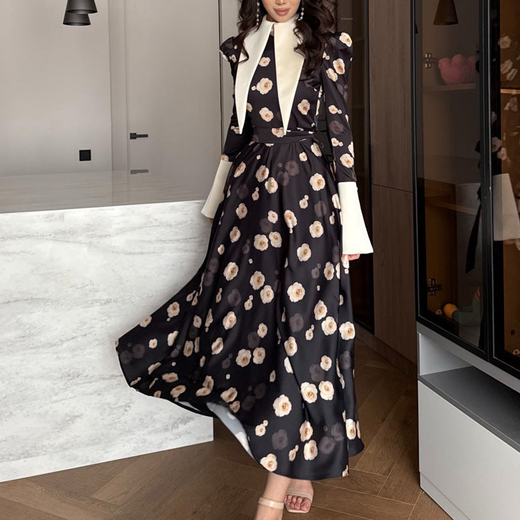 Autumn Printed Dress Women Satin Collared Long Sleeve High Waist Maxi Dress