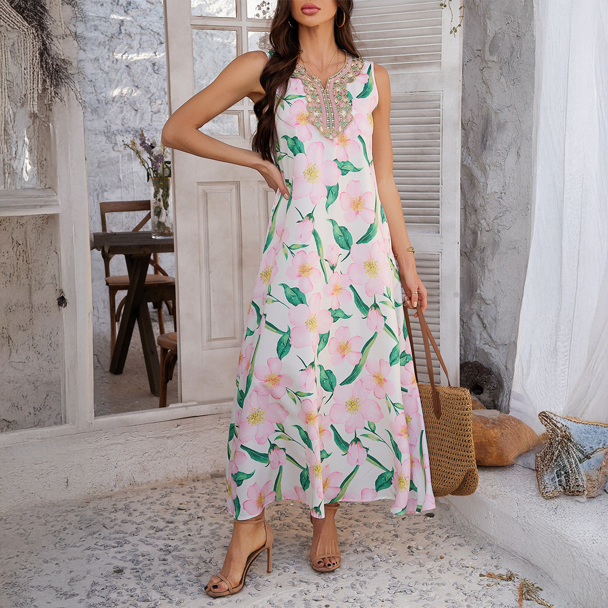 Patchwork Print Embroidered Notch Neck Sleeveless A-Line Maxi Dress 3
