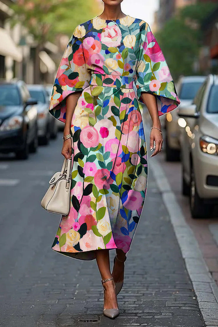Zoraida - Stylish Batwing Sleeve Long Dress Floral