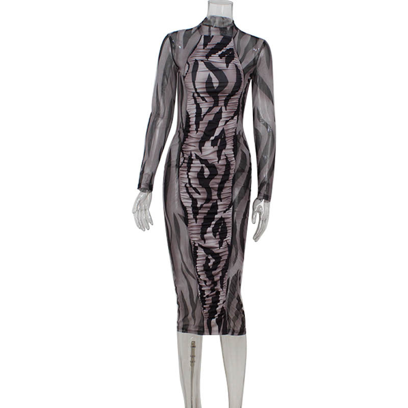 Abstract Print Mesh Mock Neck Long Sleeve Ruched Bodycon Maxi Dress 2