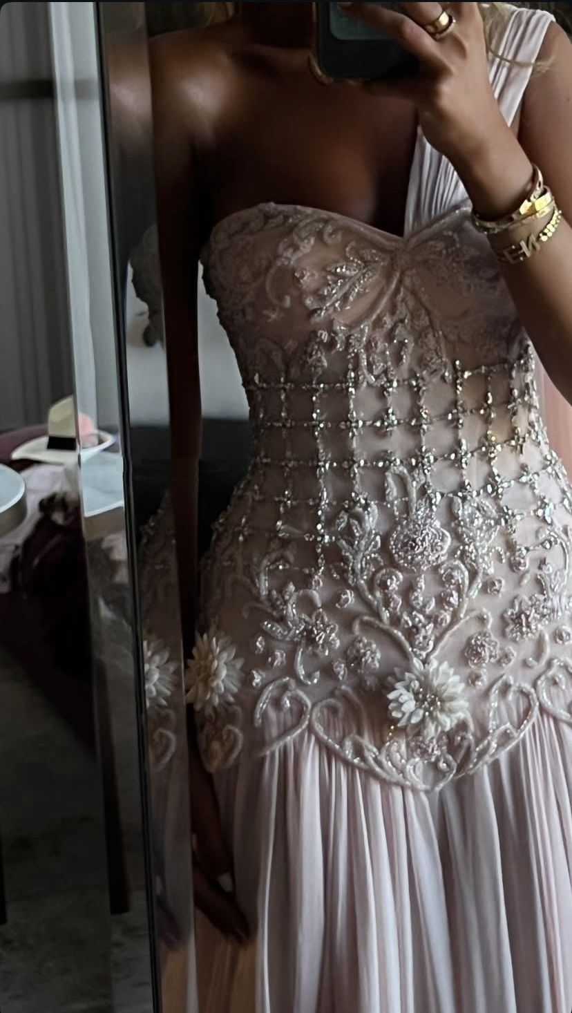 Pretty Pink One Shoulder Chiffon Beaded Appliques Long Party Dress Evening Dress D1017