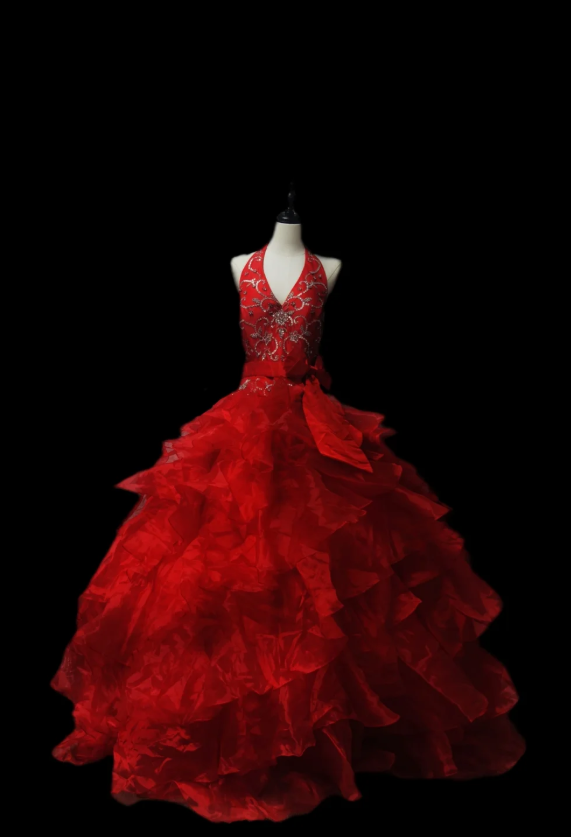 Vintage Halter Red V Neck Tulle Pleated Beaded Ball Gown Formal Quinceanera Dress