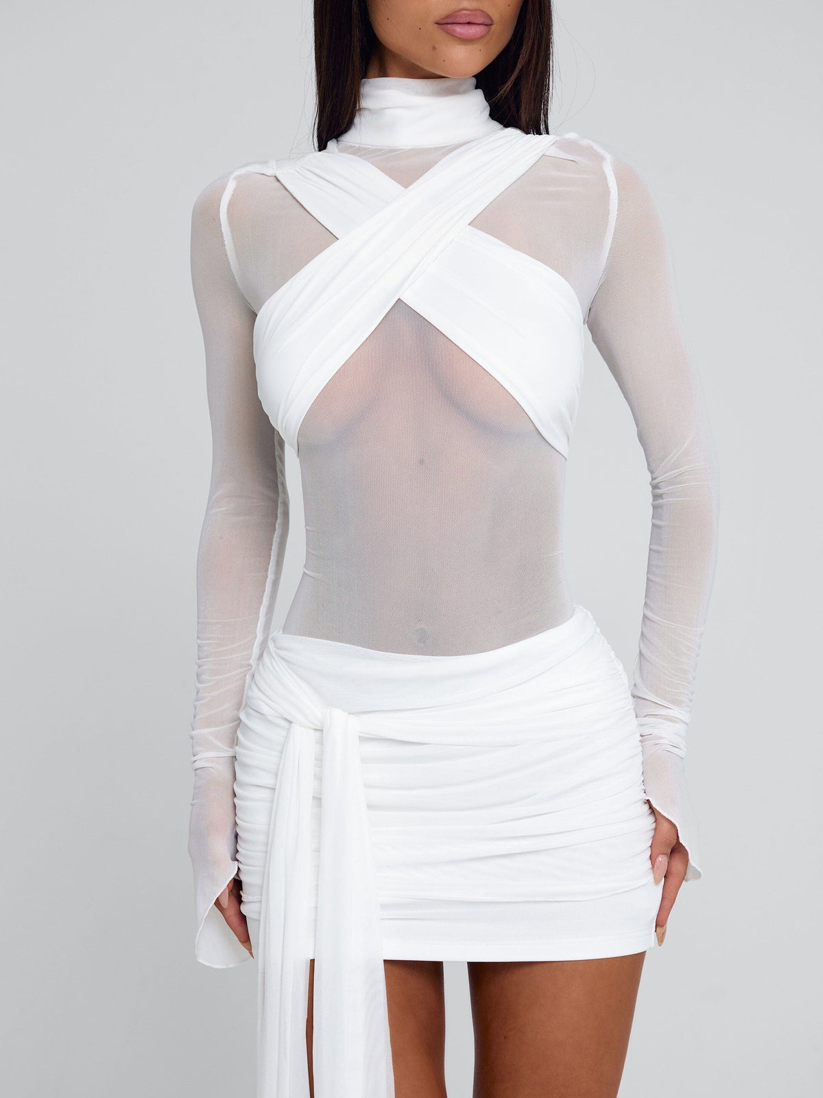 Sheer Mesh Mock Neck Long Sleeve Crisscross Drape Mini Dress 3