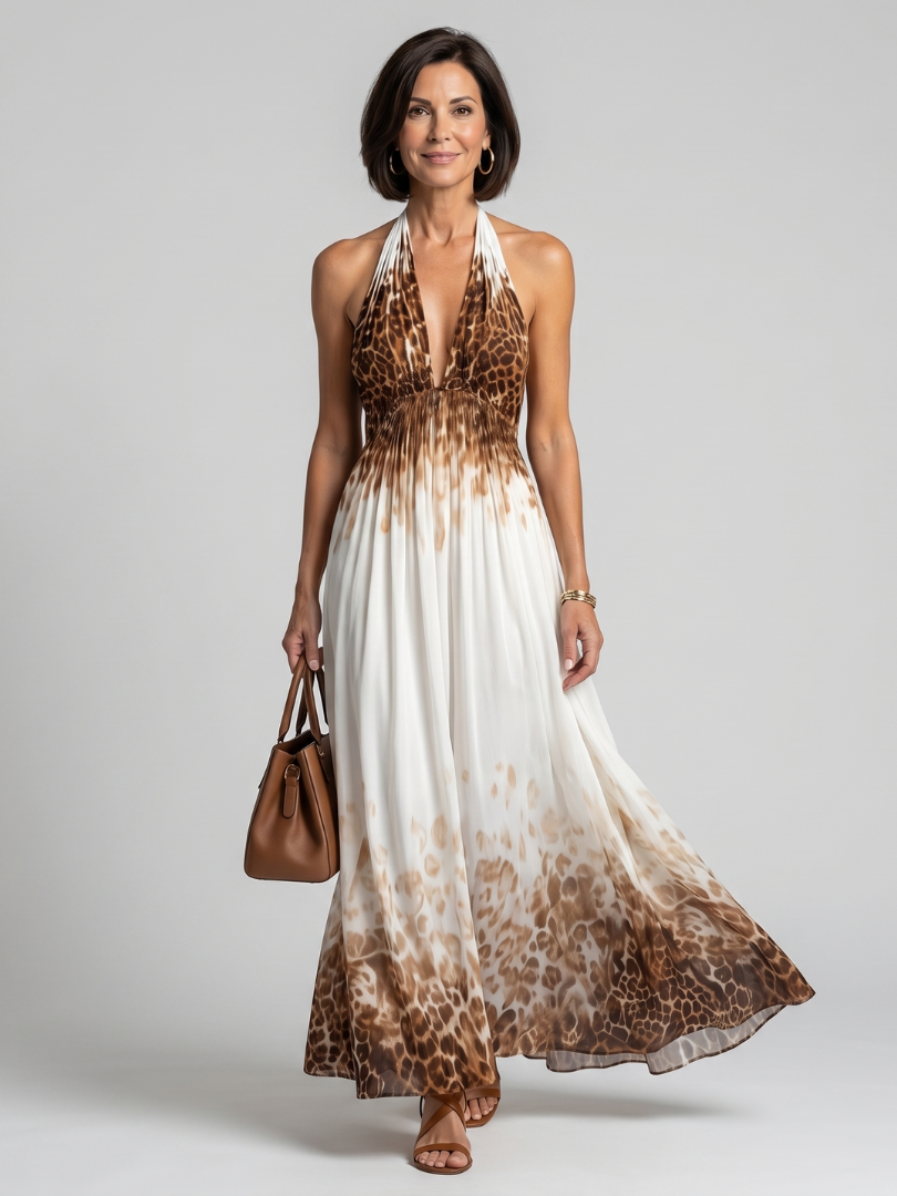 Leopard Print Halter Neck Deep V Plunge Maxi Dress
