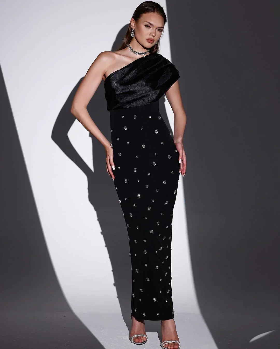 Crystal Embellished One Shoulder Draped Bodice Column Maxi Dress