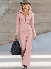 Knit Collared Long Sleeve Zip Front Maxi Dress 2