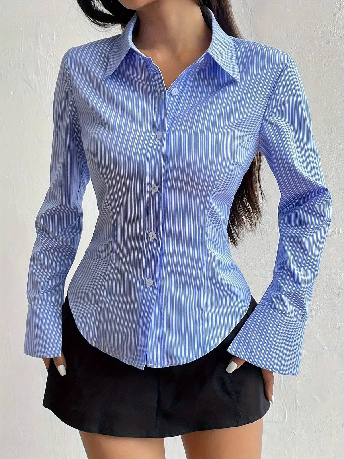 Striped Collared Long Sleeve Fitted Button Shirt