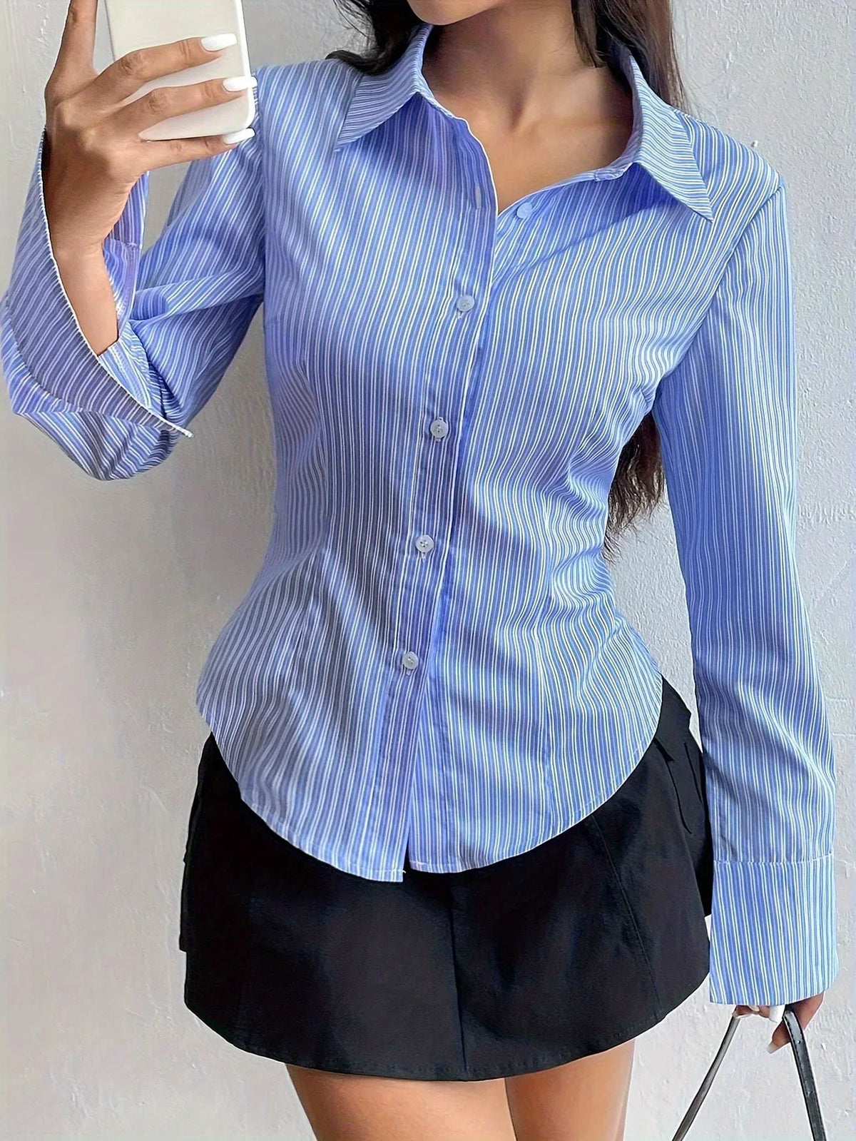 Striped Collared Long Sleeve Fitted Button Shirt
