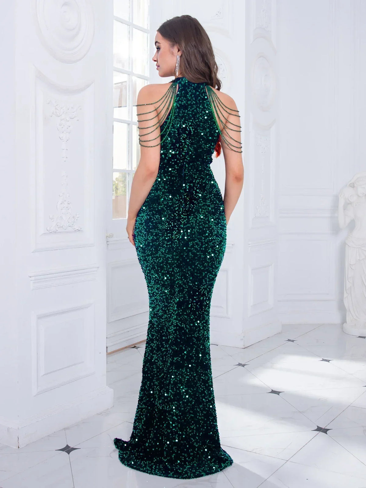 Sequin Halter Neck Beaded Chain Shoulder Mermaid Maxi Gown 2