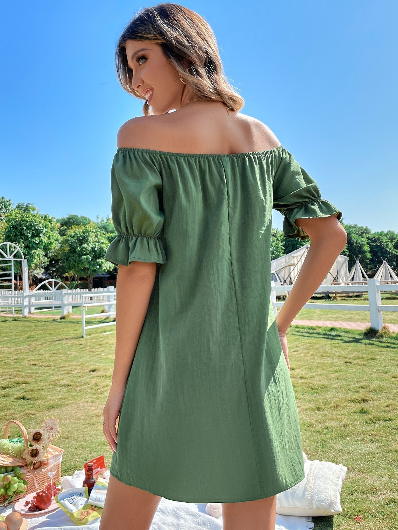 Off Shoulder Button Up Dress