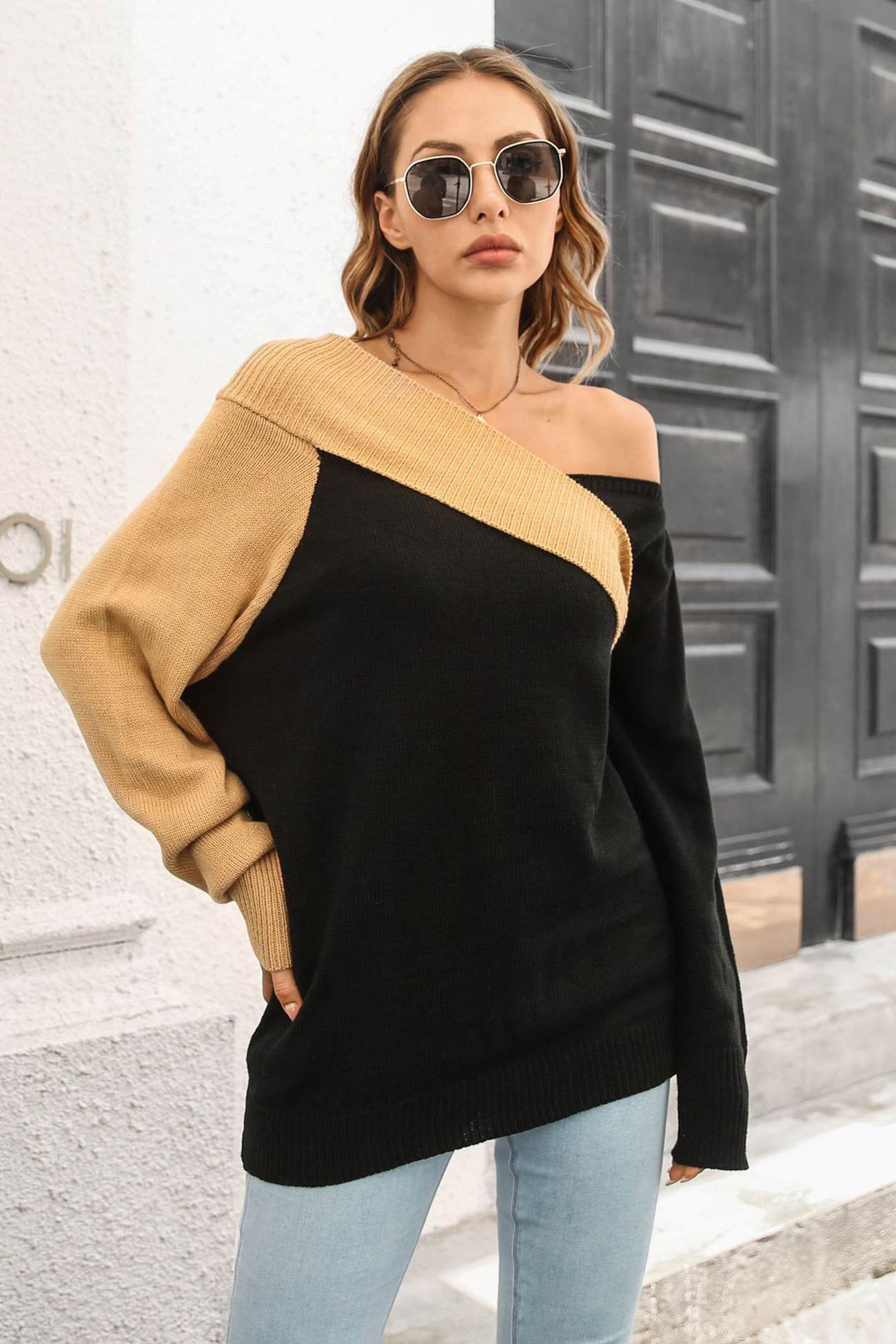 Off Shoulder Sweater With Contrast Colors