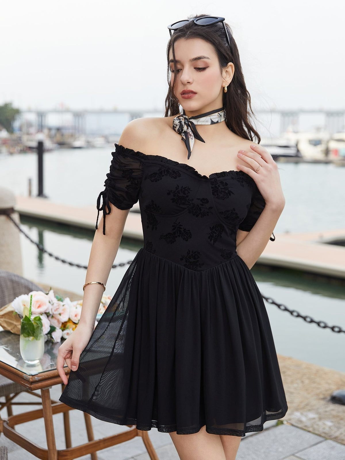Off Shoulder Drawstring Puff Sleeve Floral Flocked Mesh Mini Dress