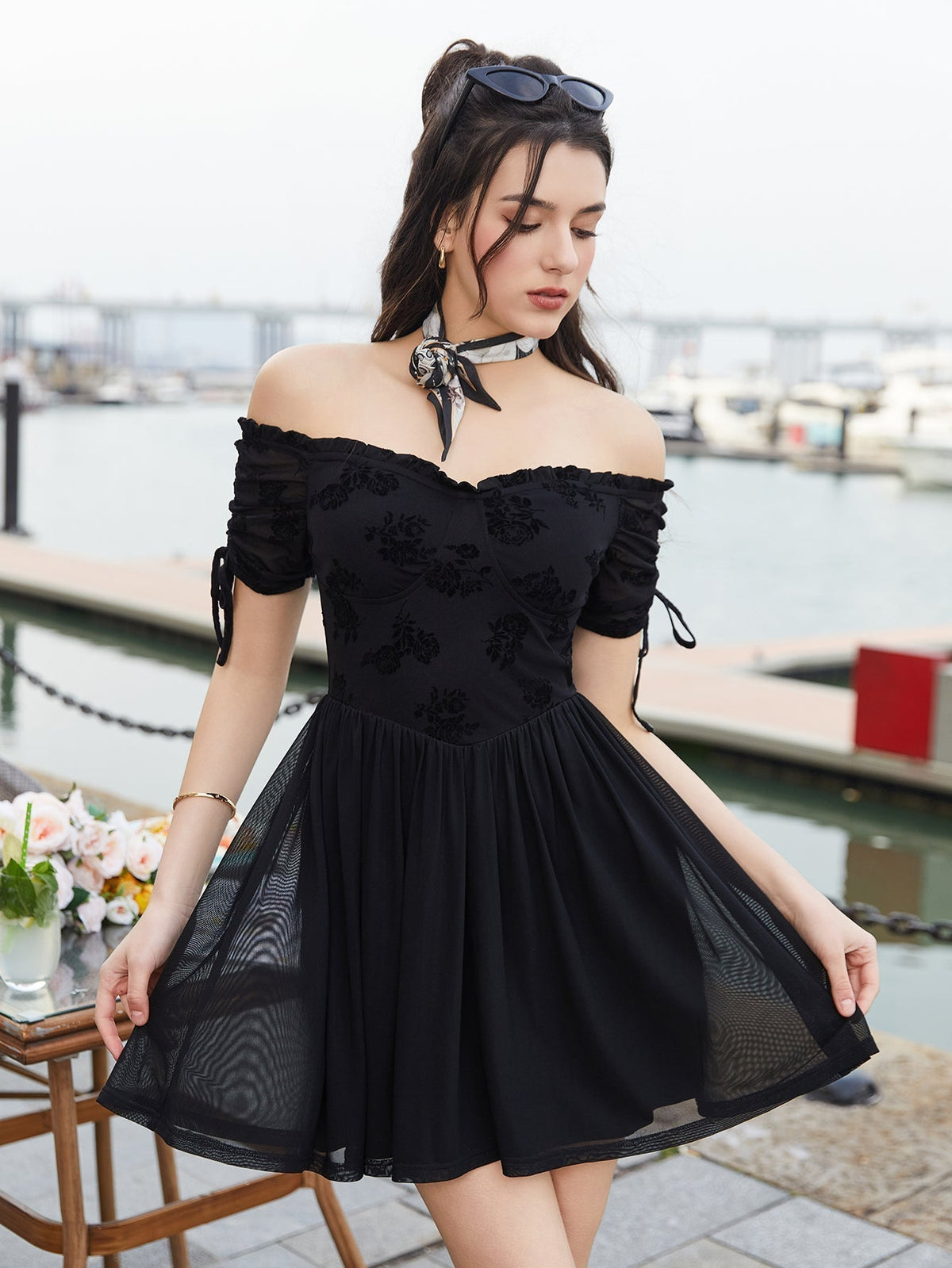 Off Shoulder Drawstring Puff Sleeve Floral Flocked Mesh Mini Dress 3